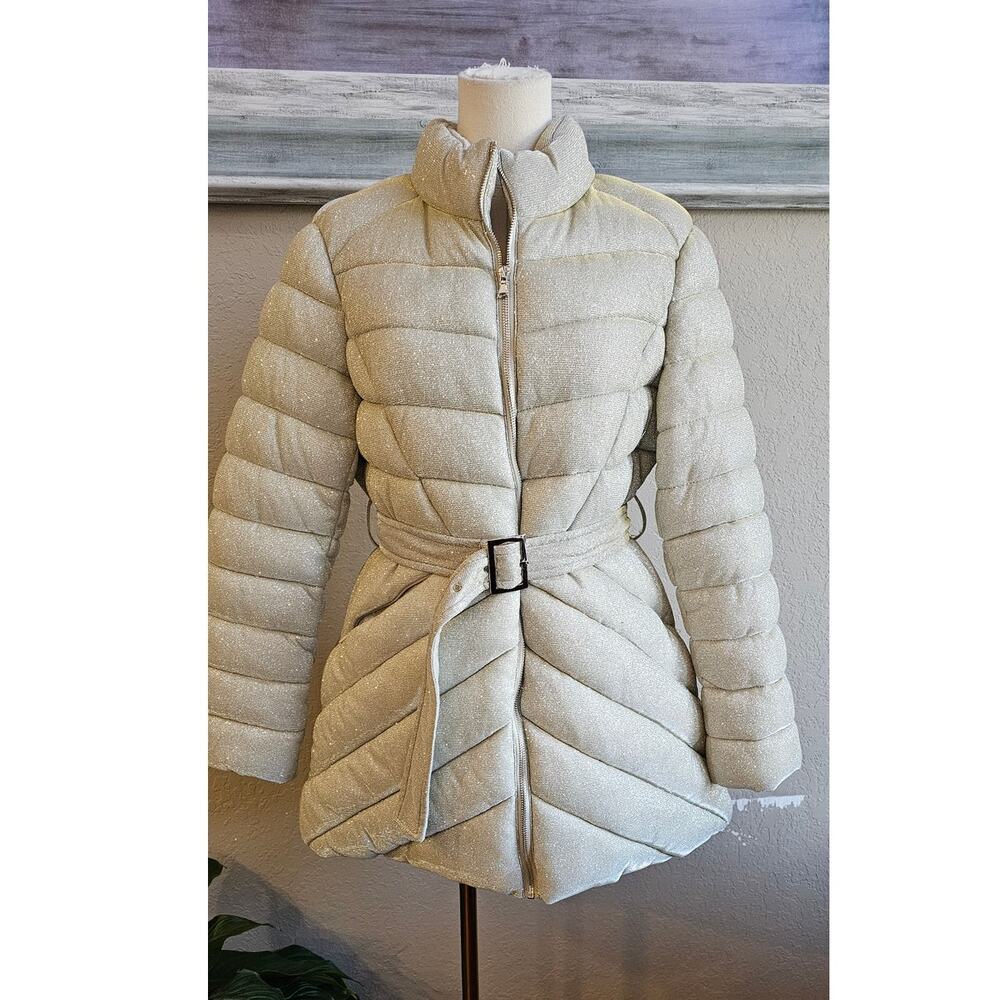 Molly Bracken Sparkly Full Zip Quilted Belted Glitter Puffy Winter Coat Large 10
